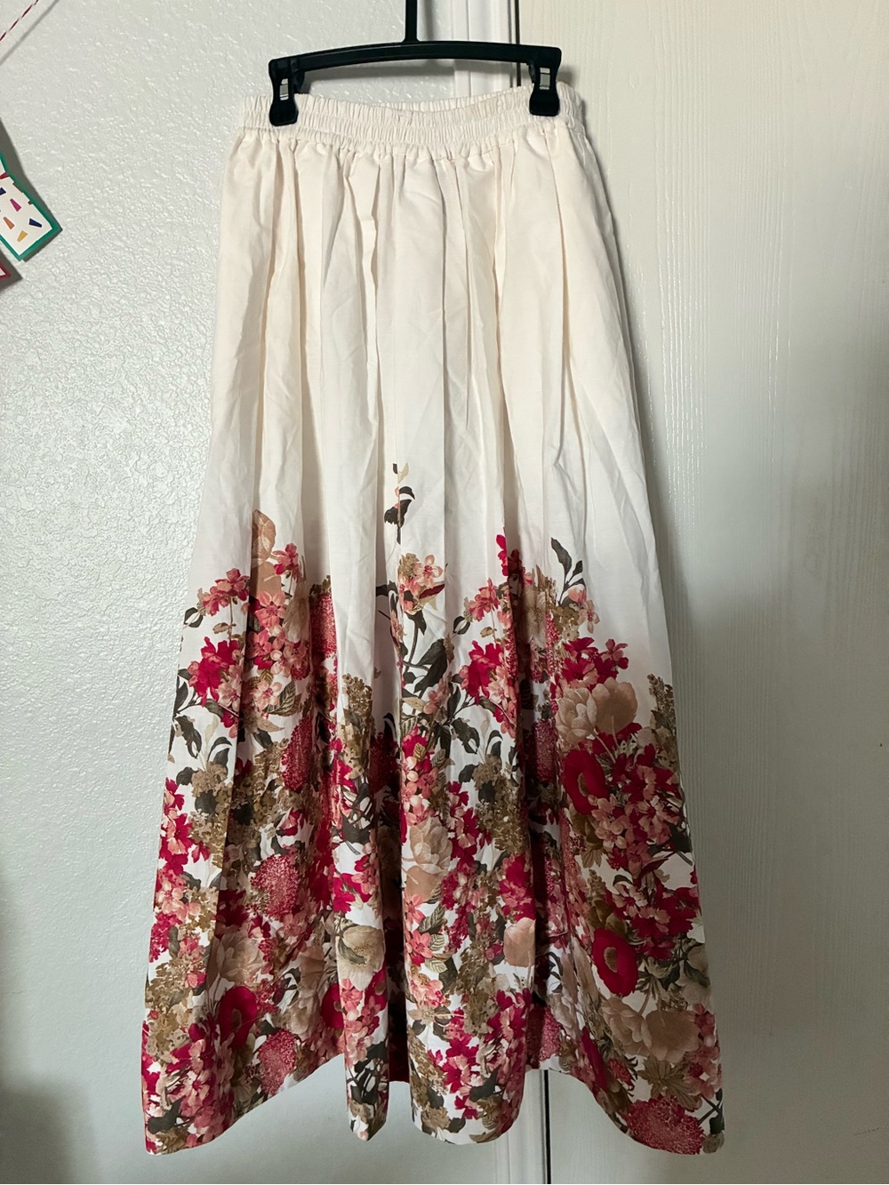 Maeve Cream Maxi Skirt with Red and Brown Floral Border and ANTROPOLOGIE
